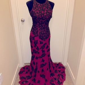 Burgundy with Black Sequined Detailed Sheer Gown